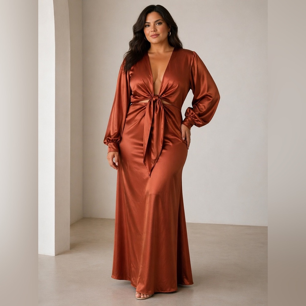 Fashion Nova NWT Bronze Satin Tie-Front Maxi Dress Size 1X